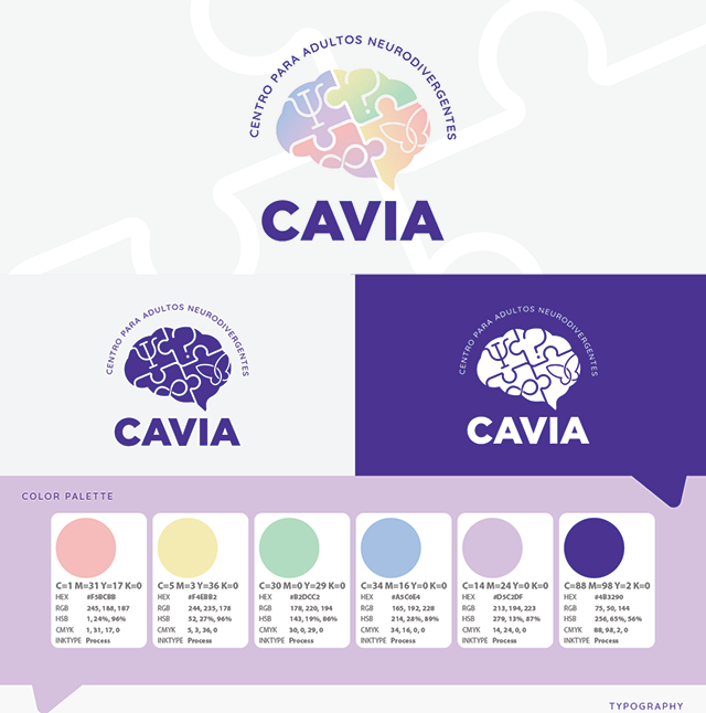 Marca visual de CAVIA con colores pastel, logo y elementos de neurodiversidad